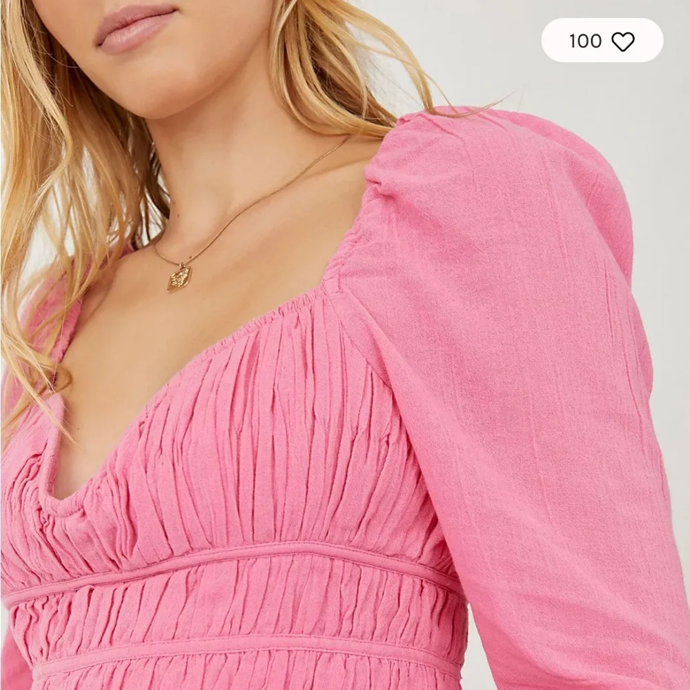 FREE PEOPLE CHLOE TIE BACK LONG SLEEVES CROPPED SMOCKED TOP BLOUSE HOT PINK SZ S